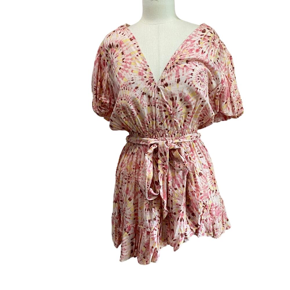 MISA Eloise Pink Tie Waist Puff Sleeve Ruffle Hem Boho Mini Dress Sz M - Picture 2 of 11